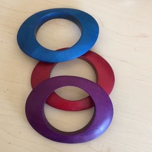 3 wooden vintage bracelets red purple blue